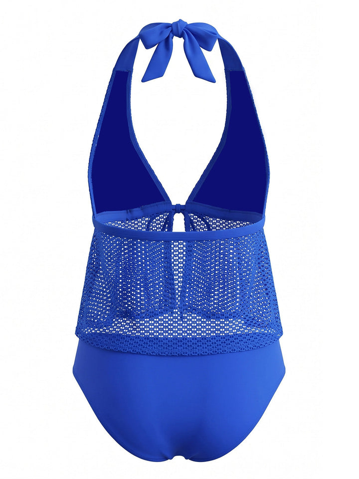 Crochet Mesh Halter Tie-Front Tankini Swimsuit Set - vintage swimsuit, swimwear for vintage lovers