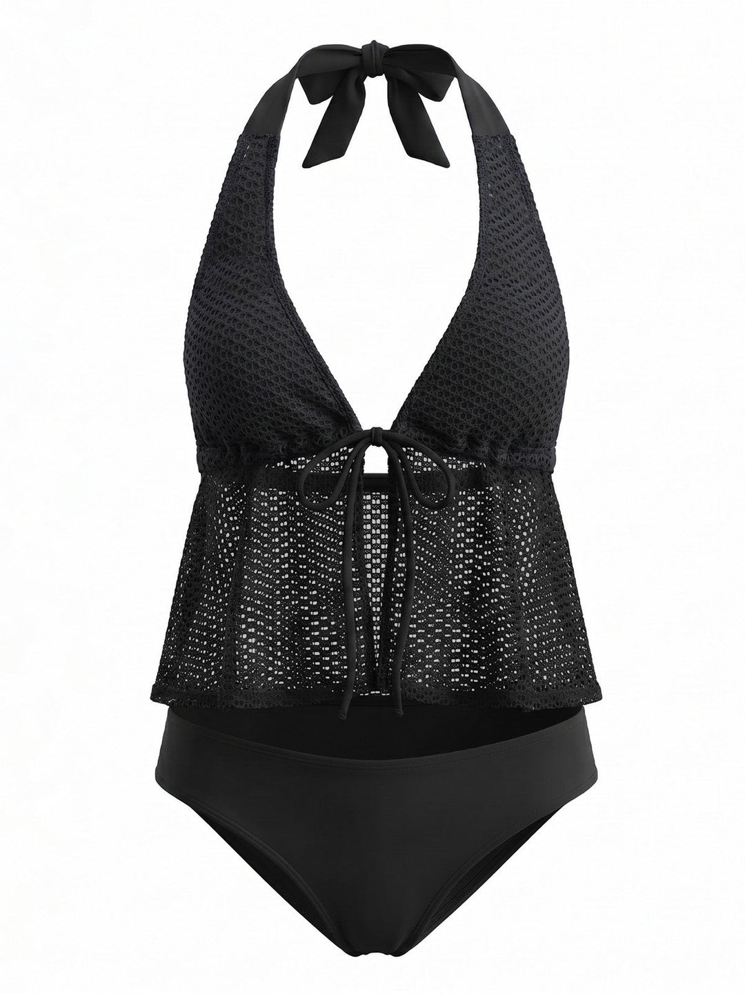 Crochet Mesh Halter Tie-Front Tankini Swimsuit Set - vintage swimsuit, swimwear for vintage lovers