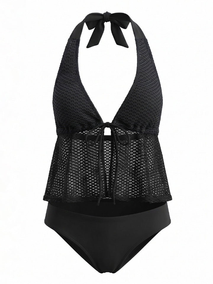 Crochet Mesh Halter Tie-Front Tankini Swimsuit Set - vintage swimsuit, swimwear for vintage lovers