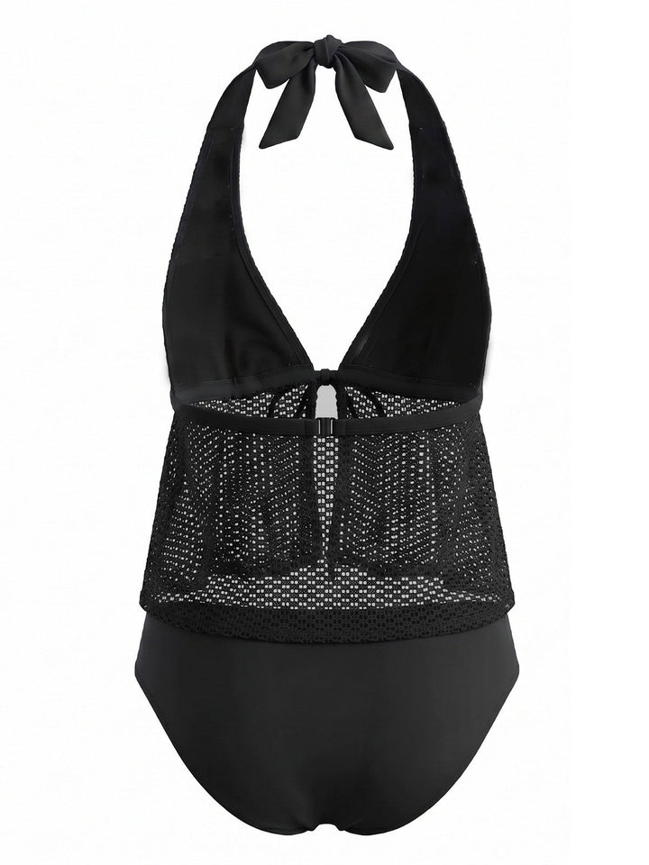 Crochet Mesh Halter Tie-Front Tankini Swimsuit Set - vintage swimsuit, swimwear for vintage lovers