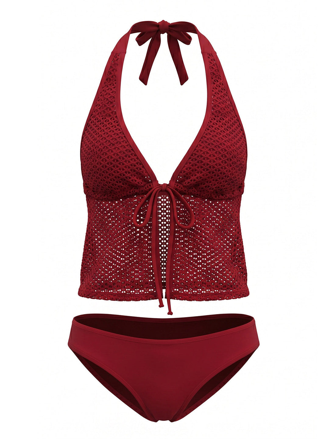 Crochet Mesh Halter Tie-Front Tankini Swimsuit Set - vintage swimsuit, swimwear for vintage lovers