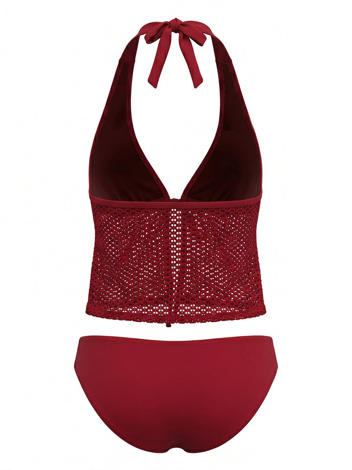 Crochet Mesh Halter Tie-Front Tankini Swimsuit Set - vintage swimsuit, swimwear for vintage lovers