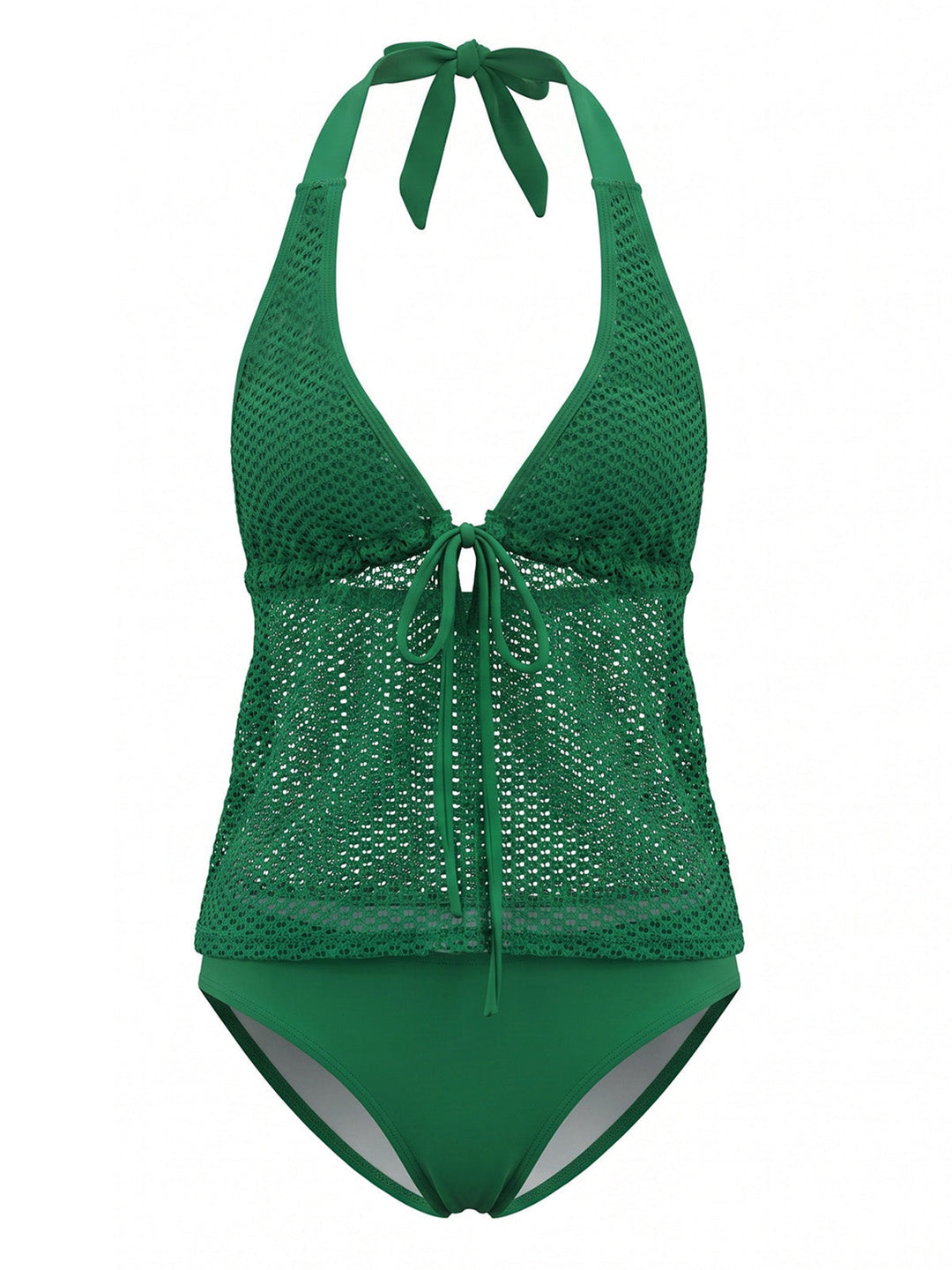 Crochet Mesh Halter Tie-Front Tankini Swimsuit Set - vintage swimsuit, swimwear for vintage lovers