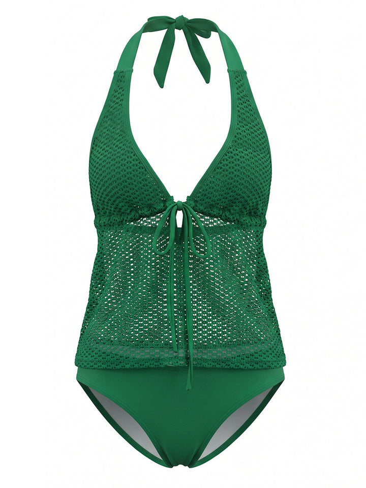 Crochet Mesh Halter Tie-Front Tankini Swimsuit Set - vintage swimsuit, swimwear for vintage lovers