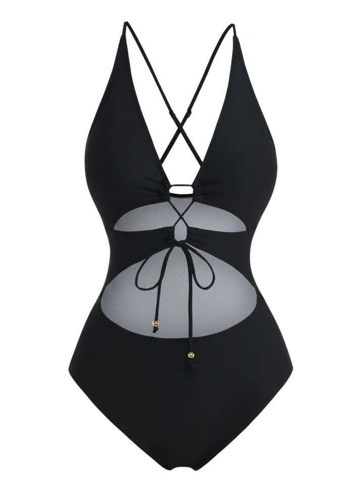 Cutout Lace-Up Plunging One-Piece Swimsuit, vintage swimsuit, swimwear - perfect for women who love vintage and retro fashion