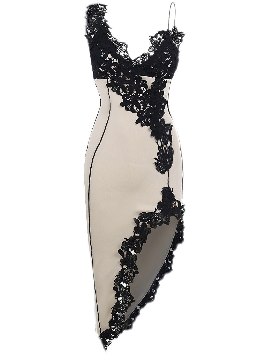 She slips into this 1960s Deep V-Neck Asymmetric Lace Bodycon Dress and suddenly it&