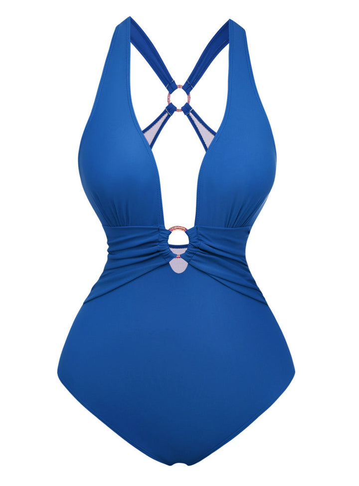 1960s Deep-V Ruched Metal Ring One-Piece Swimsuit - vintage swimwear, retro swimsuit, pin-up style for vintage lovers