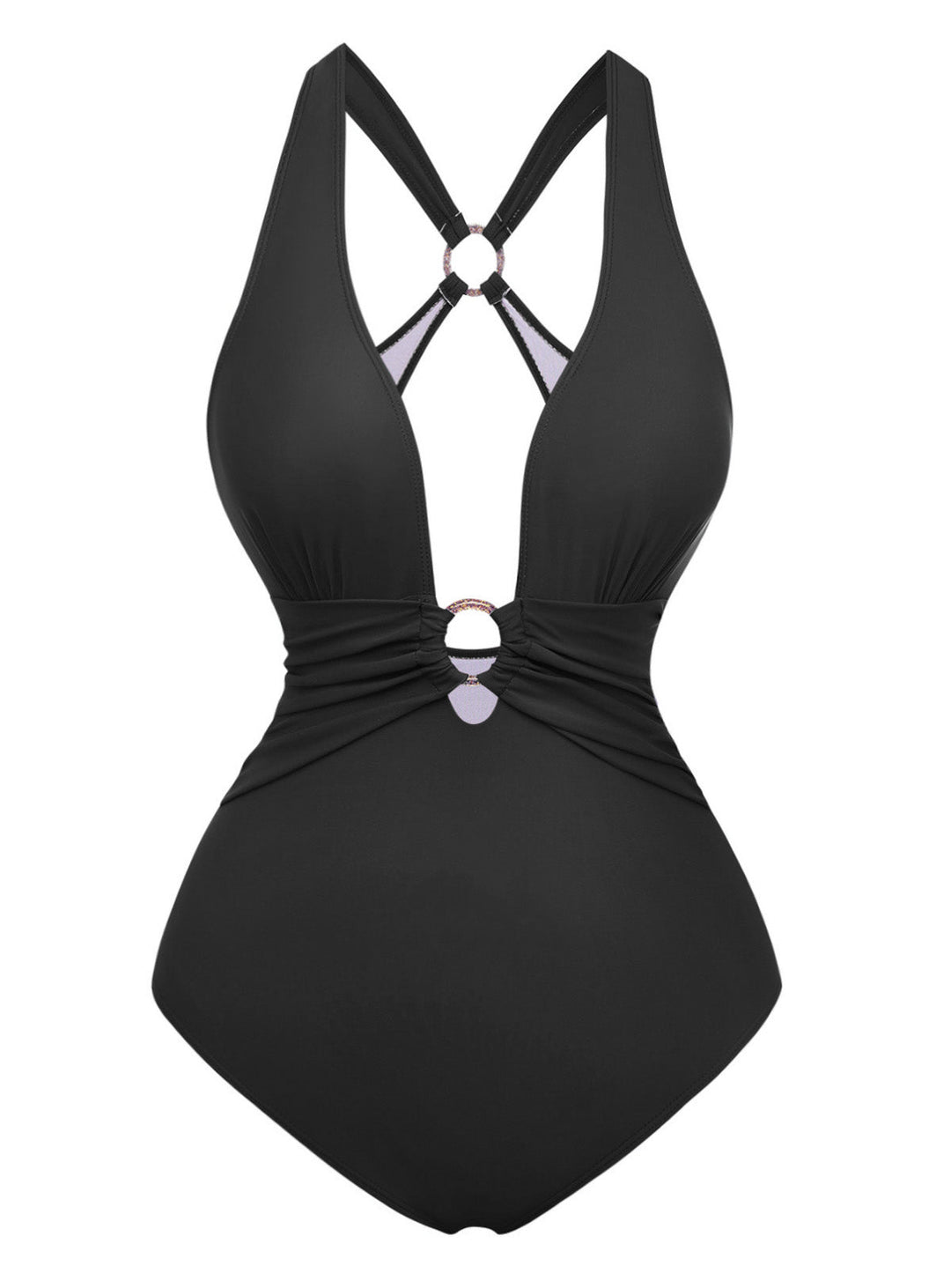 1960s Deep-V Ruched Metal Ring One-Piece Swimsuit | vintage swimwear, retro swimsuit, pin-up style - perfect for retro fashion enthusiasts