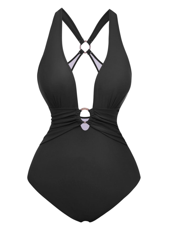1960s Deep-V Ruched Metal Ring One-Piece Swimsuit | vintage swimwear, retro swimsuit, pin-up style - perfect for retro fashion enthusiasts