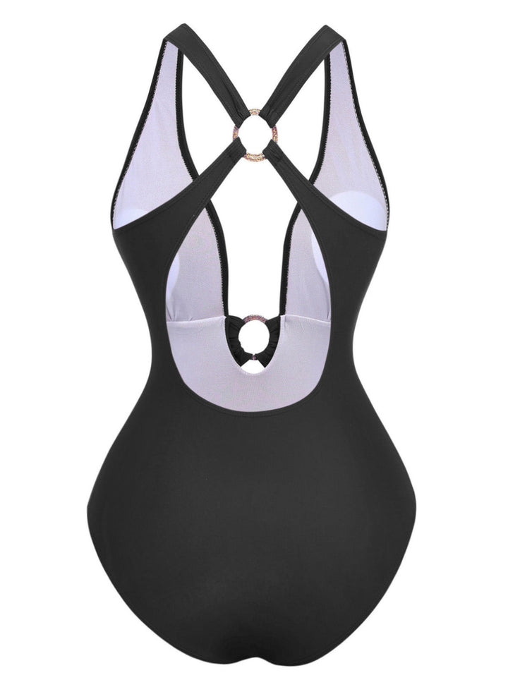 1960s Deep-V Ruched Metal Ring One-Piece Swimsuit - vintage swimwear, retro swimsuit, pin-up style for vintage lovers