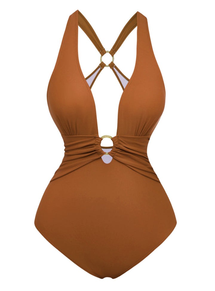 1960s Deep-V Ruched Metal Ring One-Piece Swimsuit: beautiful vintage swimwear, retro swimsuit, pin-up style with timeless appeal