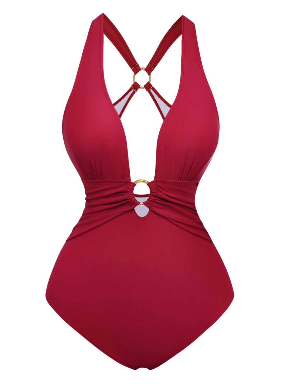 1960s Deep-V Ruched Metal Ring One-Piece Swimsuit: beautiful vintage swimwear, retro swimsuit, pin-up style with timeless appeal