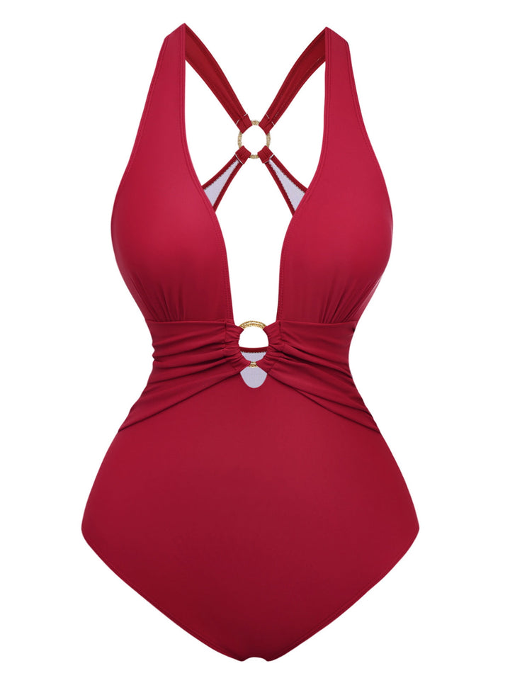 1960s Deep-V Ruched Metal Ring One-Piece Swimsuit: beautiful vintage swimwear, retro swimsuit, pin-up style with timeless appeal