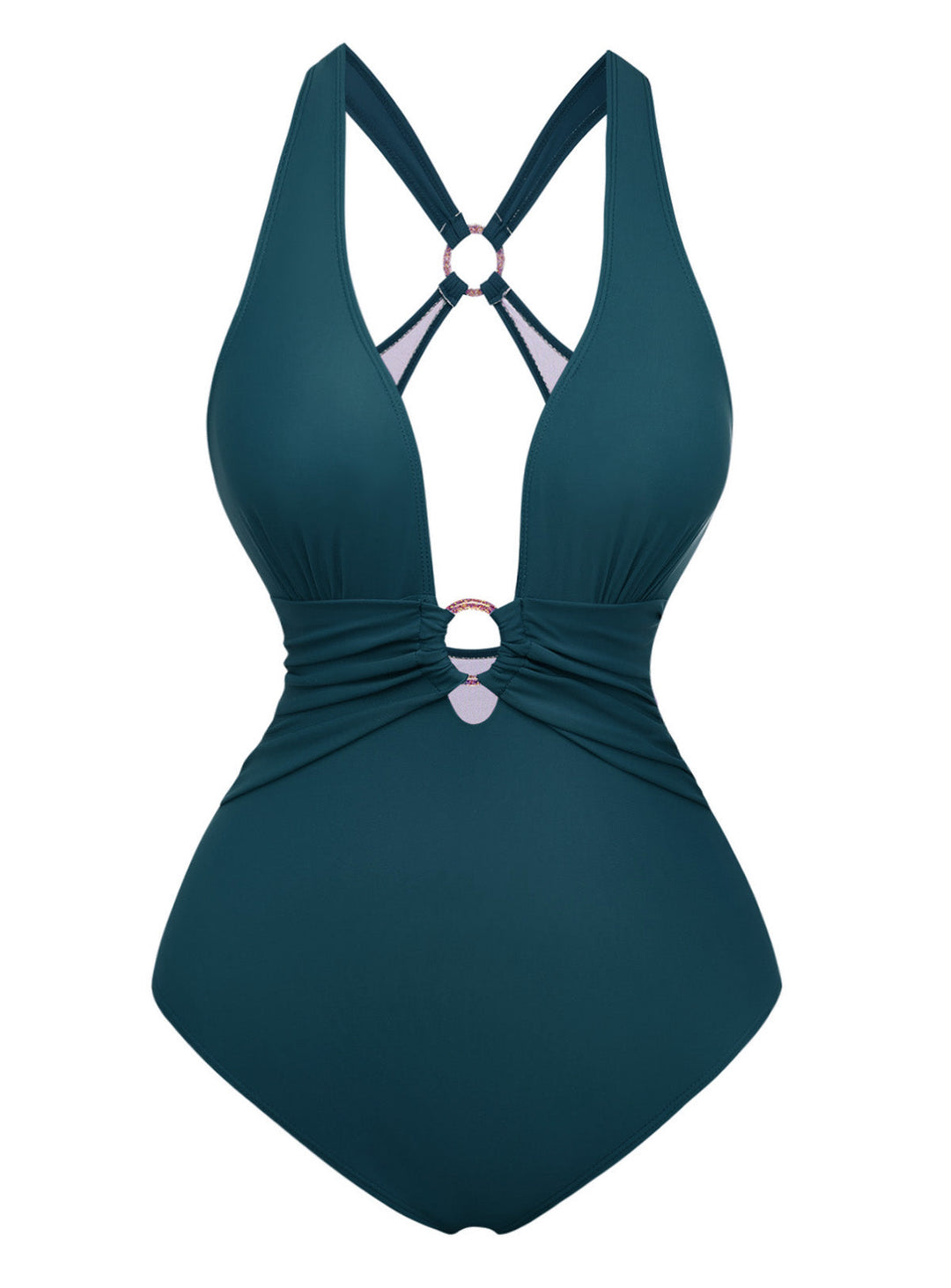 1960s Deep-V Ruched Metal Ring One-Piece Swimsuit: beautiful vintage swimwear, retro swimsuit, pin-up style with timeless appeal