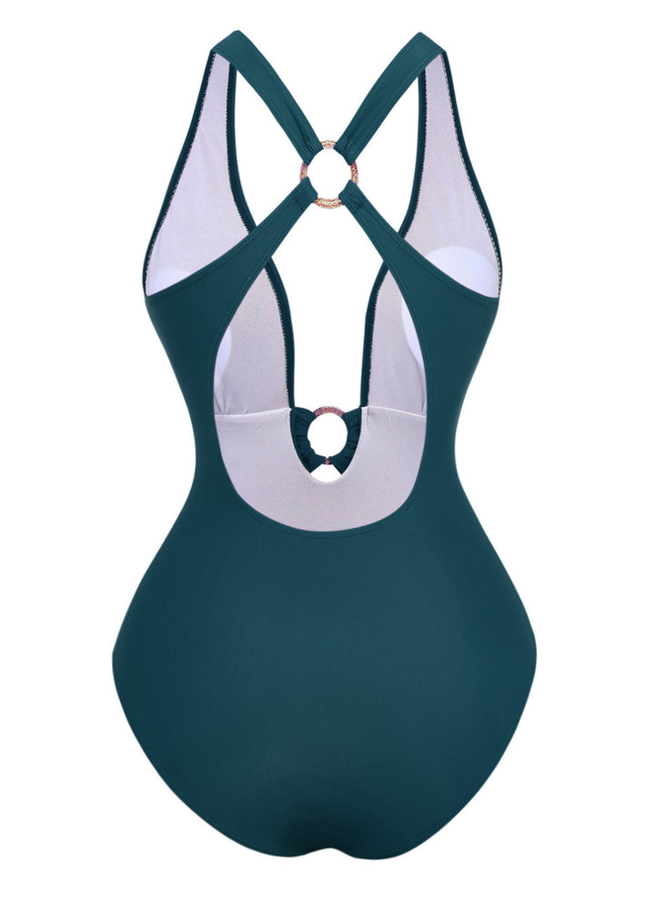 1960s Deep-V Ruched Metal Ring One-Piece Swimsuit | vintage swimwear, retro swimsuit, pin-up style - perfect for retro fashion enthusiasts