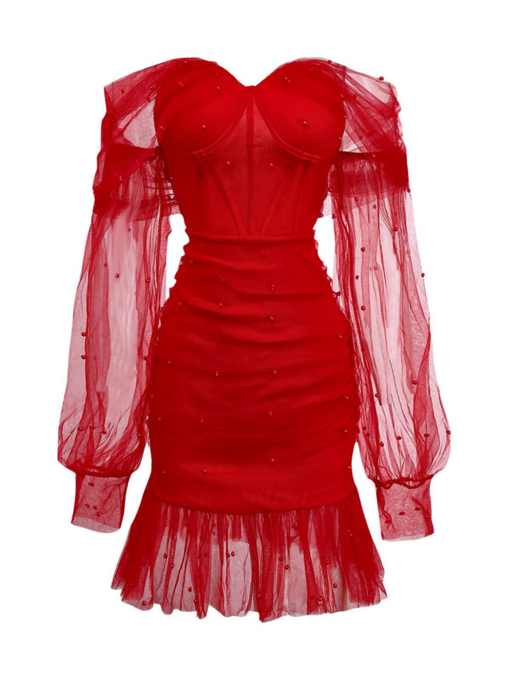 1960s Beading Sweetheart Neck Off-Shoulder Mesh Dress - vintage dress, retro fashion