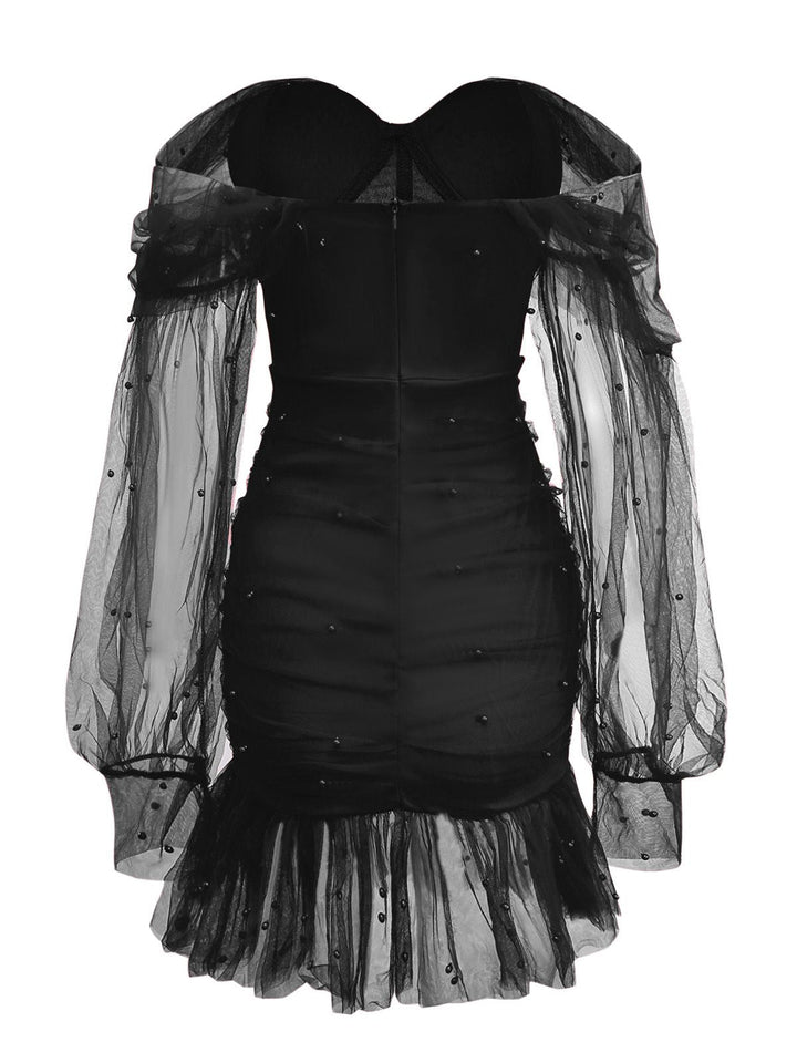 1960s Beading Sweetheart Neck Off-Shoulder Mesh Dress - vintage dress, retro fashion