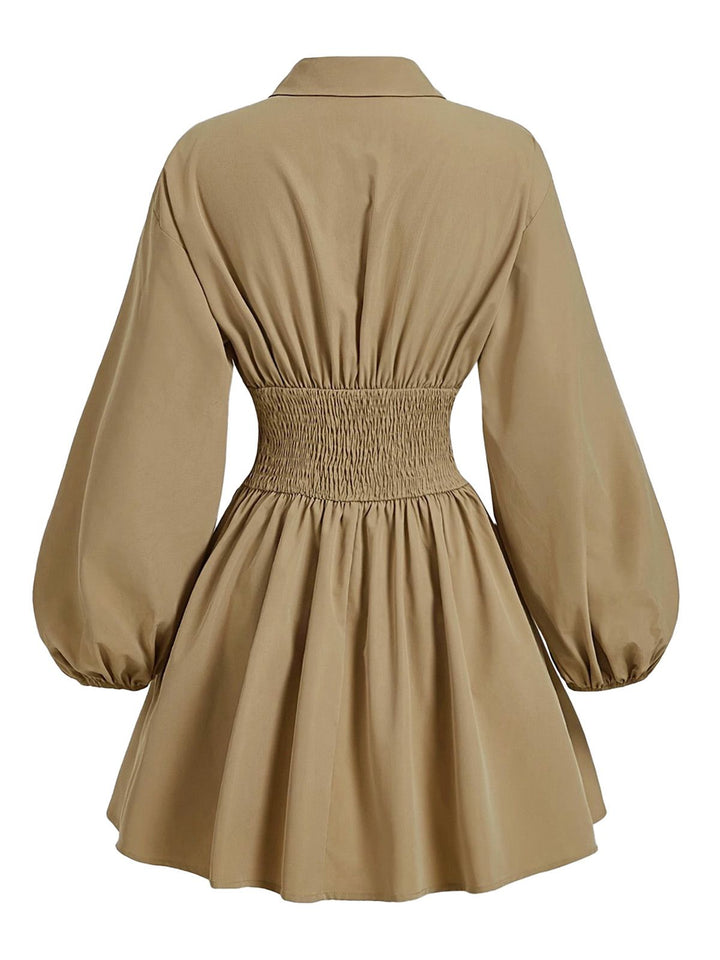 Beige 1960s Puff Sleeves Elastic Cinched Waist Dress - vintage dress, retro fashion