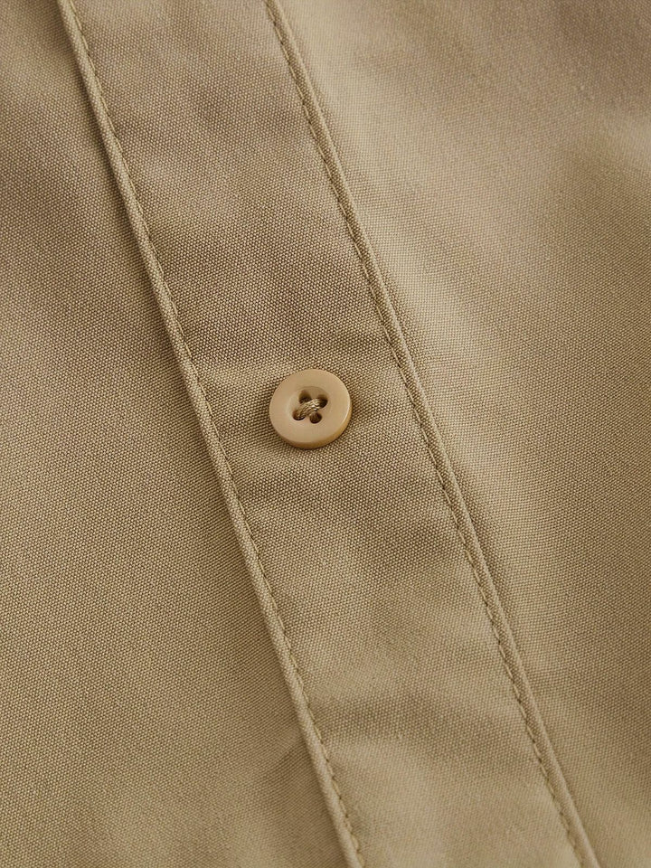 Beige 1960s Puff Sleeves Elastic Cinched Waist Dress - vintage dress, retro fashion