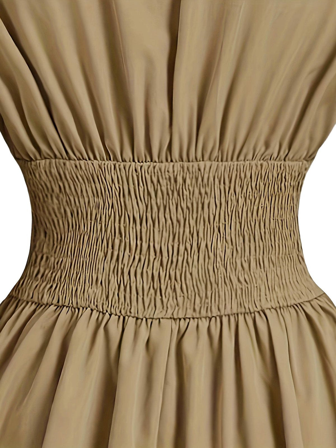 Beige 1960s Puff Sleeves Elastic Cinched Waist Dress - vintage dress, retro fashion