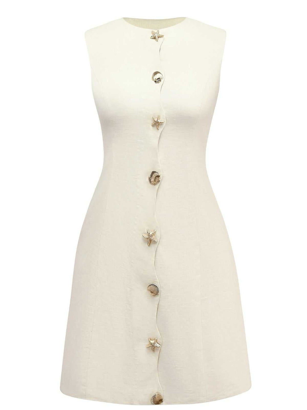 Beige 1960s Starfish Shell Buttons Sleeveless Dress - vintage dress, retro fashion