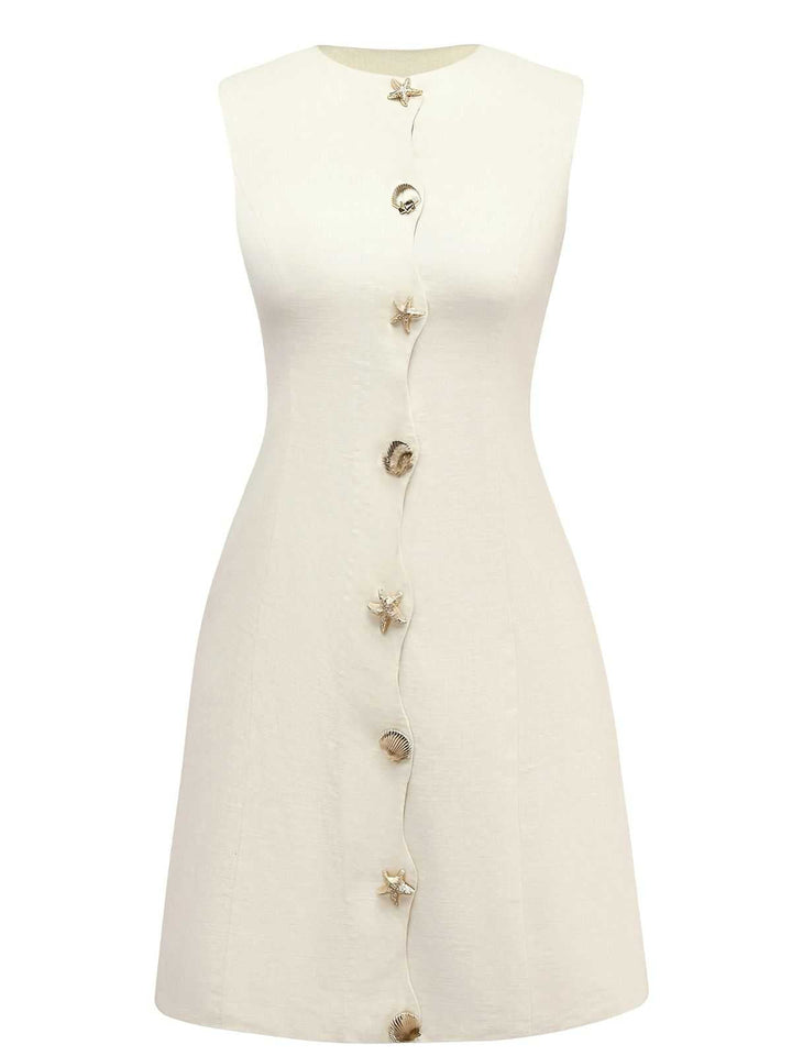 Beige 1960s Starfish Shell Buttons Sleeveless Dress - vintage dress, retro fashion