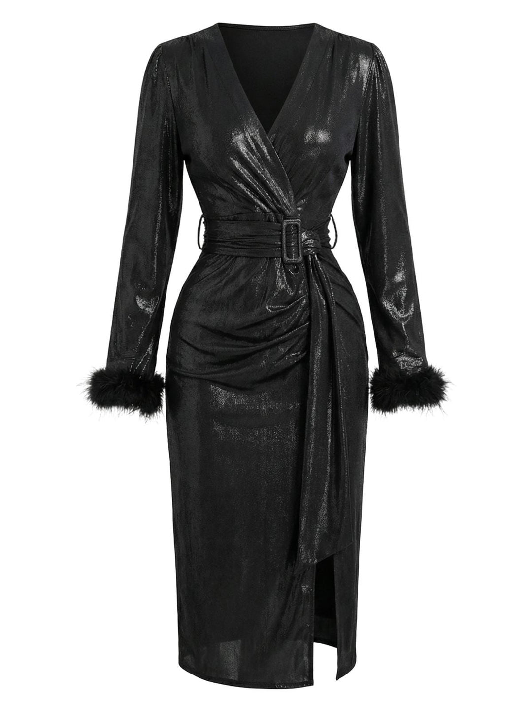 Black 1960s Faux Leather Belted Feather Sleeve Dress - vintage dress, retro fashion, classic black