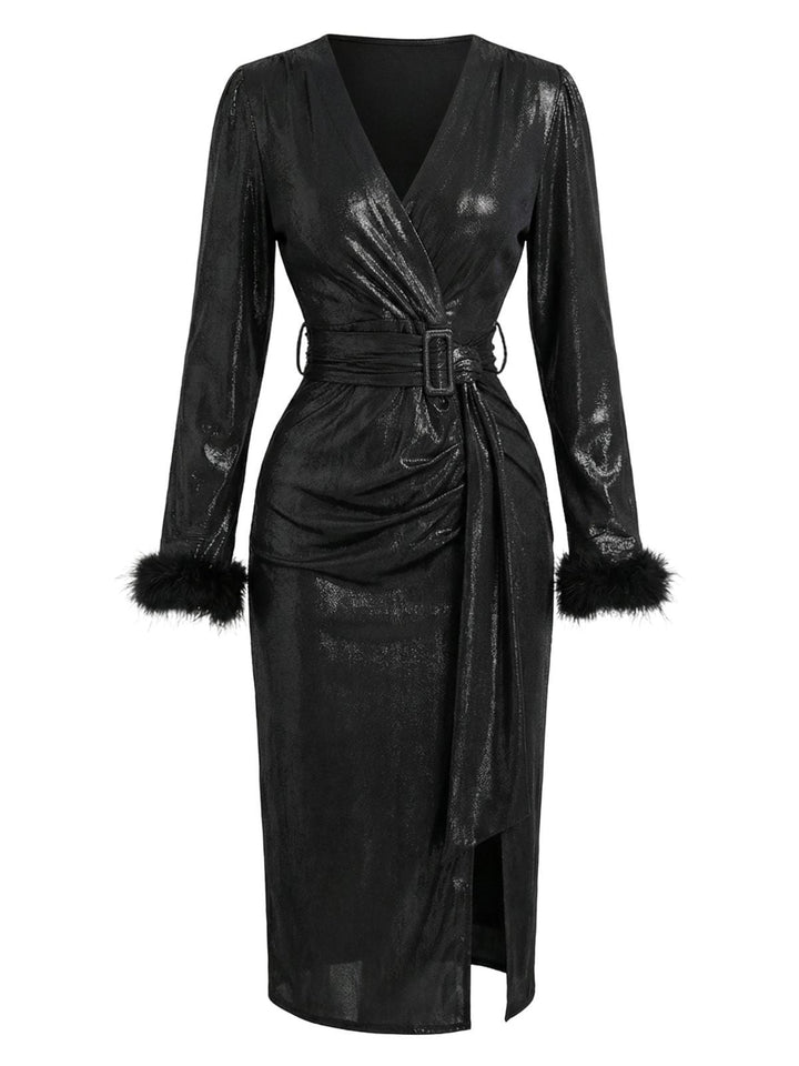 Black 1960s Faux Leather Belted Feather Sleeve Dress - vintage dress, retro fashion, classic black