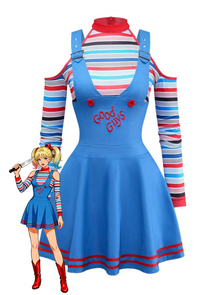 Blue 2PCS 1960s Halloween Chucky Striped Top &amp; Wide Strap Dress - vintage dress, retro fashion