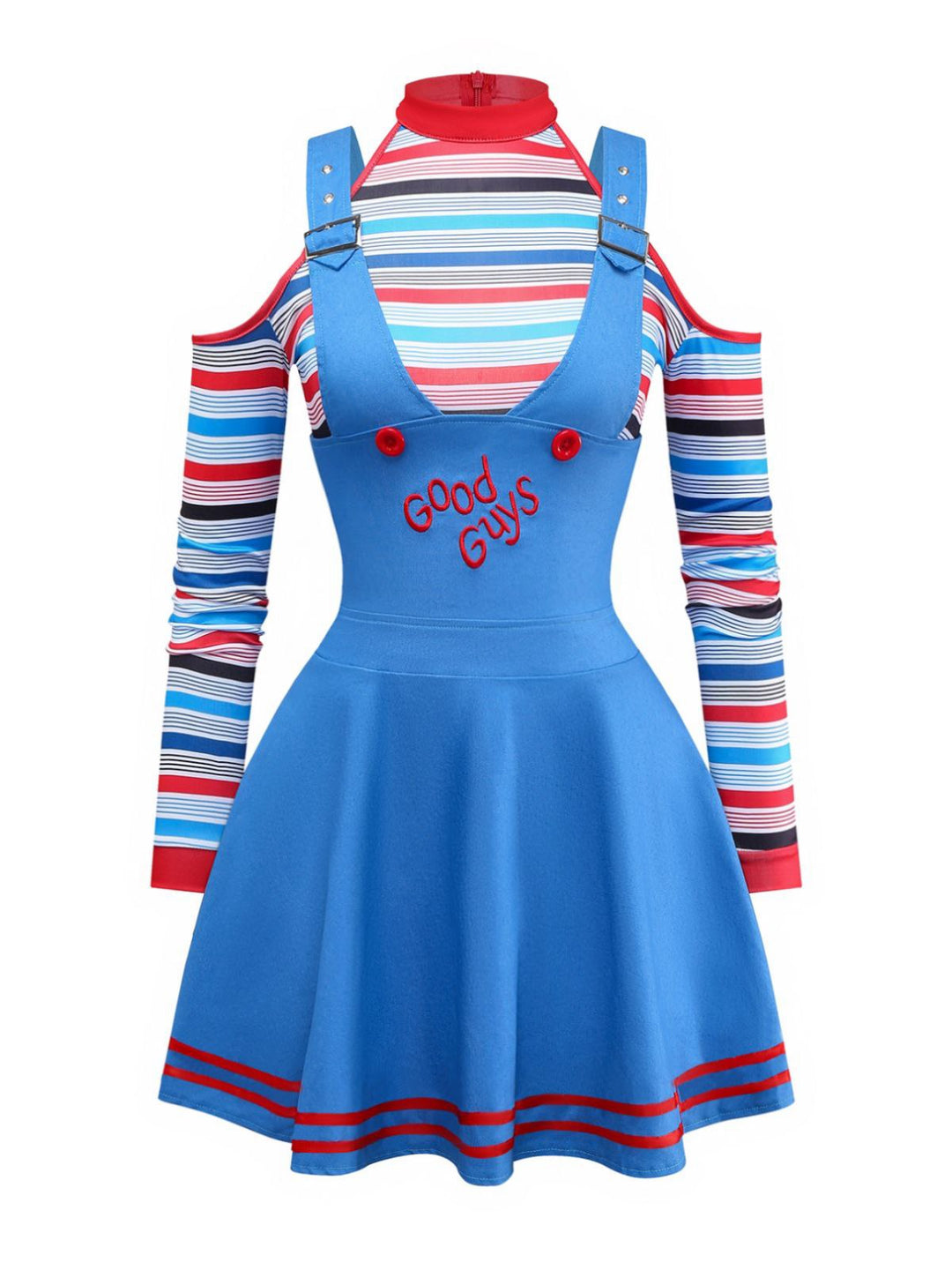 Blue 2PCS 1960s Halloween Chucky Striped Top &amp; Wide Strap Dress - vintage dress, retro fashion