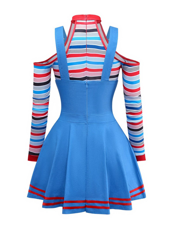 Blue 2PCS 1960s Halloween Chucky Striped Top &amp; Wide Strap Dress - vintage dress, retro fashion