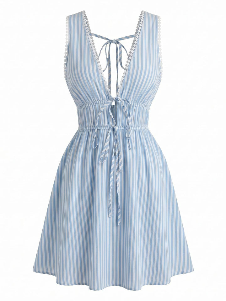 Blue 1960s Sleeveless Deep V-Neck Backless Striped Dress - vintage dress, retro fashion