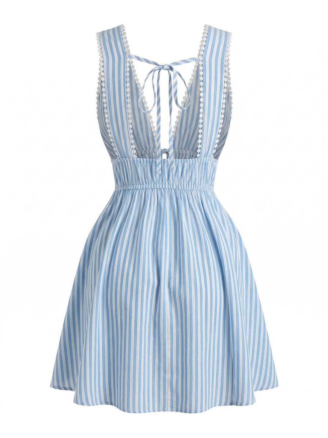 Blue 1960s Sleeveless Deep V-Neck Backless Striped Dress - vintage dress, retro fashion