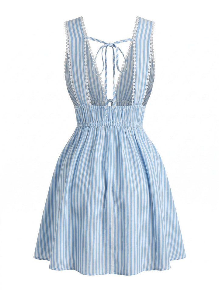 Blue 1960s Sleeveless Deep V-Neck Backless Striped Dress - vintage dress, retro fashion