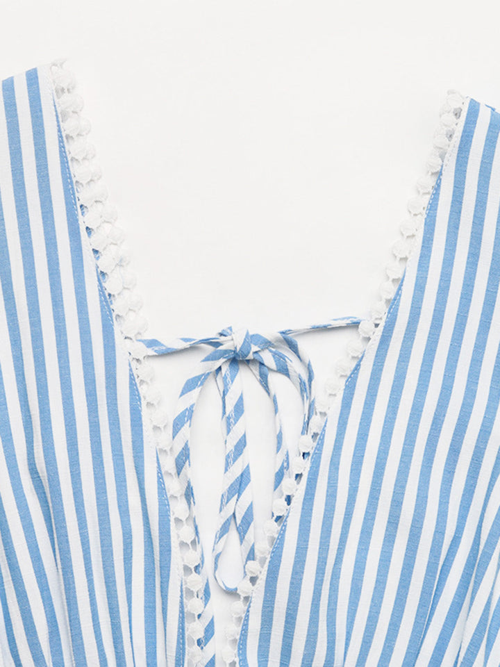 Blue 1960s Sleeveless Deep V-Neck Backless Striped Dress - vintage dress, retro fashion
