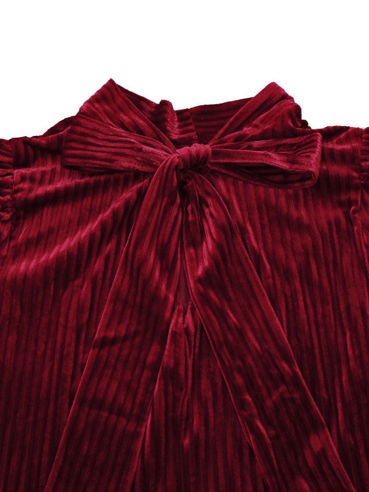 Burgundy 1960s Bow Collar Solid Velvet Ruffle Dress - vintage dress, retro fashion
