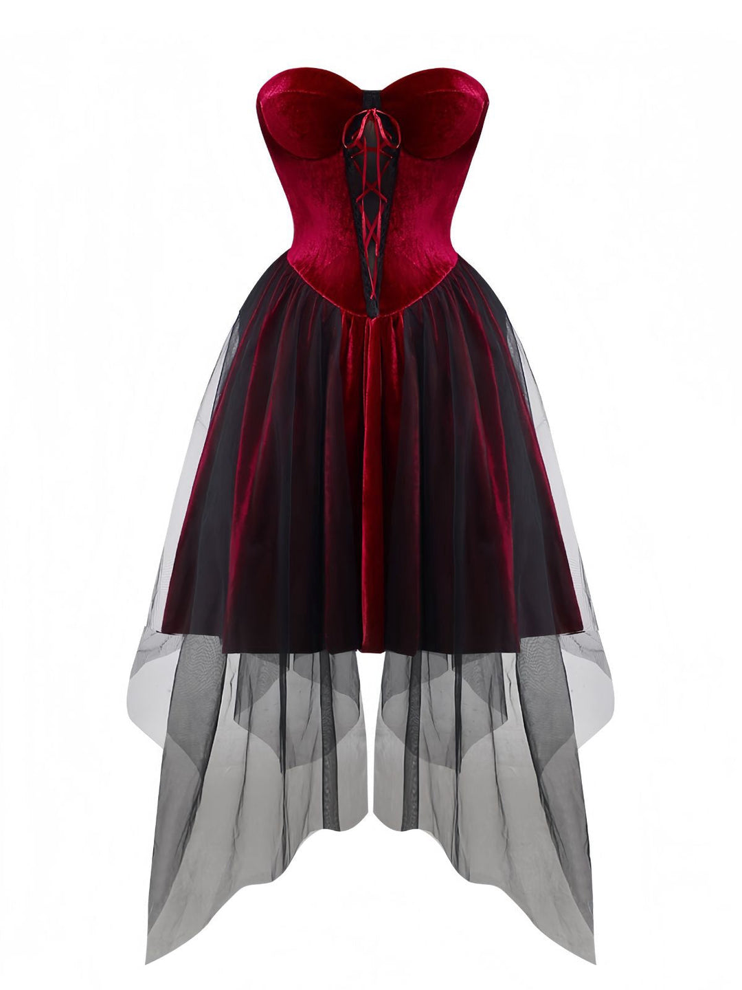 Burgundy 1960s Gothic Mesh Strapless Irregular Hem Dress - vintage dress, retro fashion