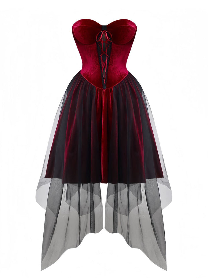 Burgundy 1960s Gothic Mesh Strapless Irregular Hem Dress - vintage dress, retro fashion