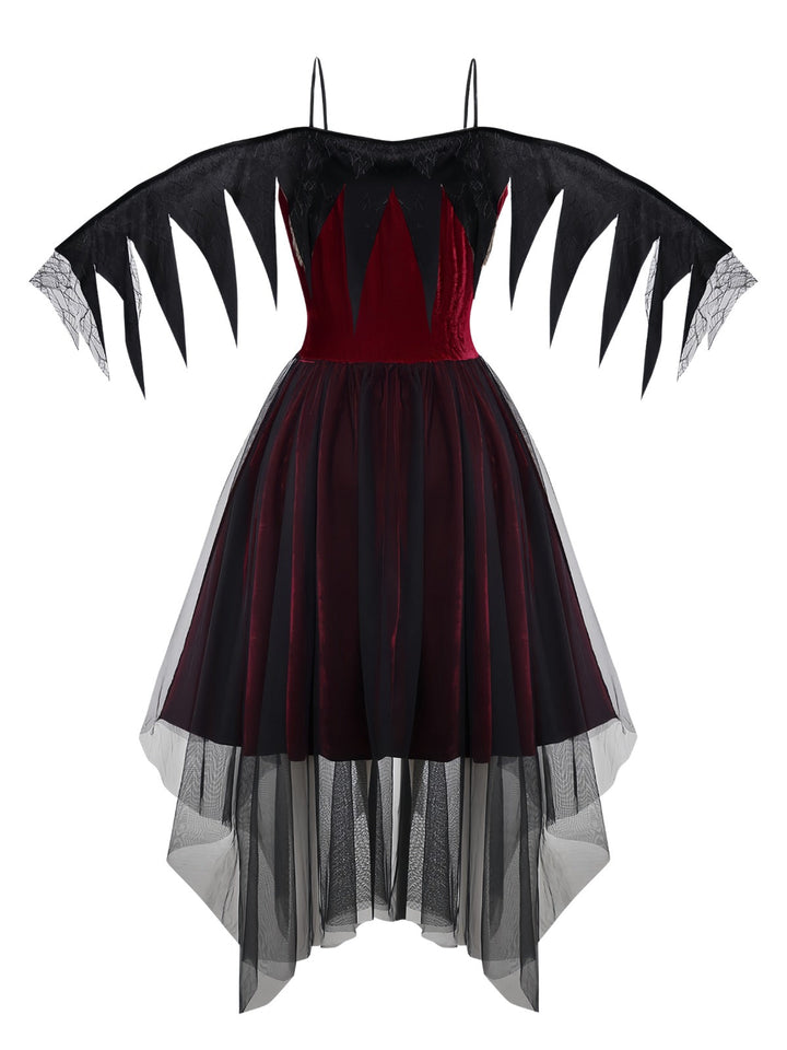 Burgundy 1960s Gothic Mesh Strapless Irregular Hem Dress - vintage dress, retro fashion