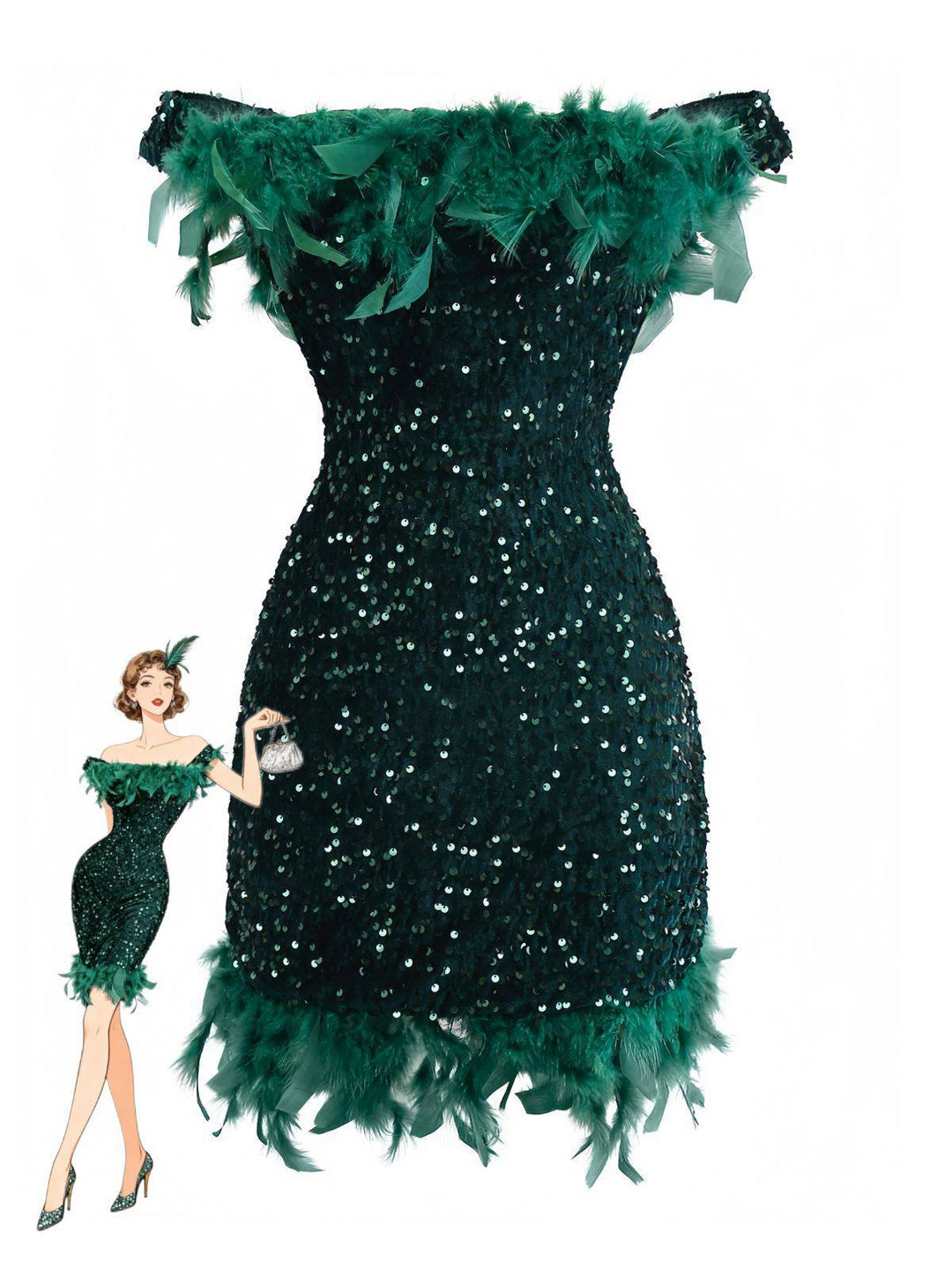 Green 1960s Off-Shoulder Sequined Feather Bodycon Dress - vintage dress, retro fashion