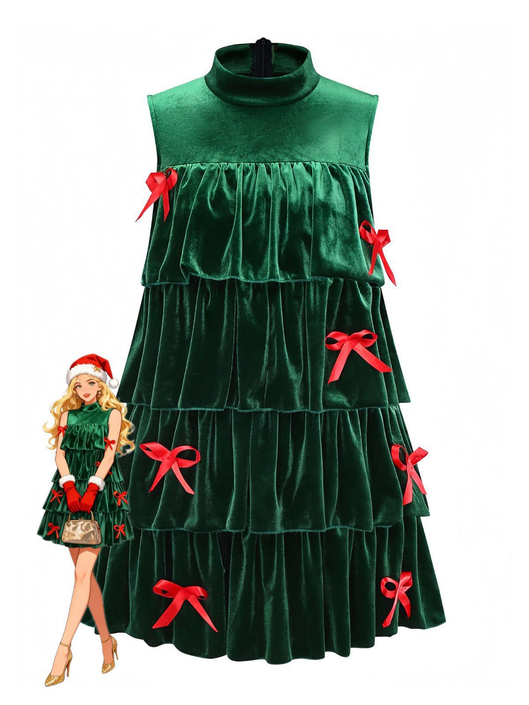 Green 1960s Velvet Bowknot Stand Collar Tiered Dress - vintage dress, retro fashion, elegant red