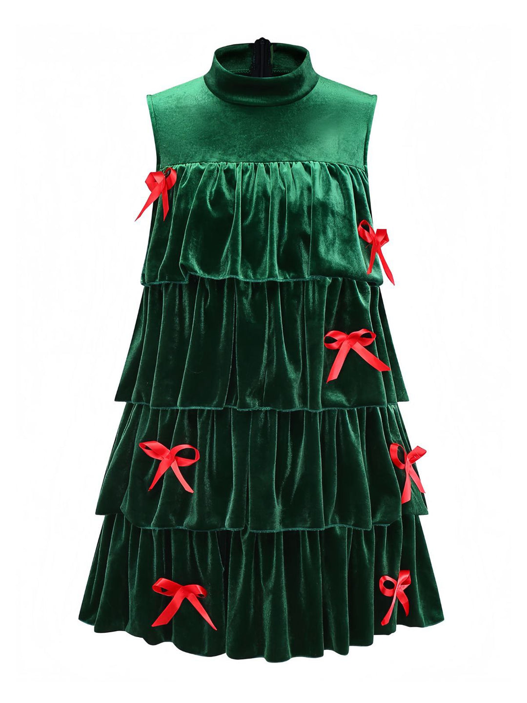 Green 1960s Velvet Bowknot Stand Collar Tiered Dress - vintage dress, retro fashion, elegant red