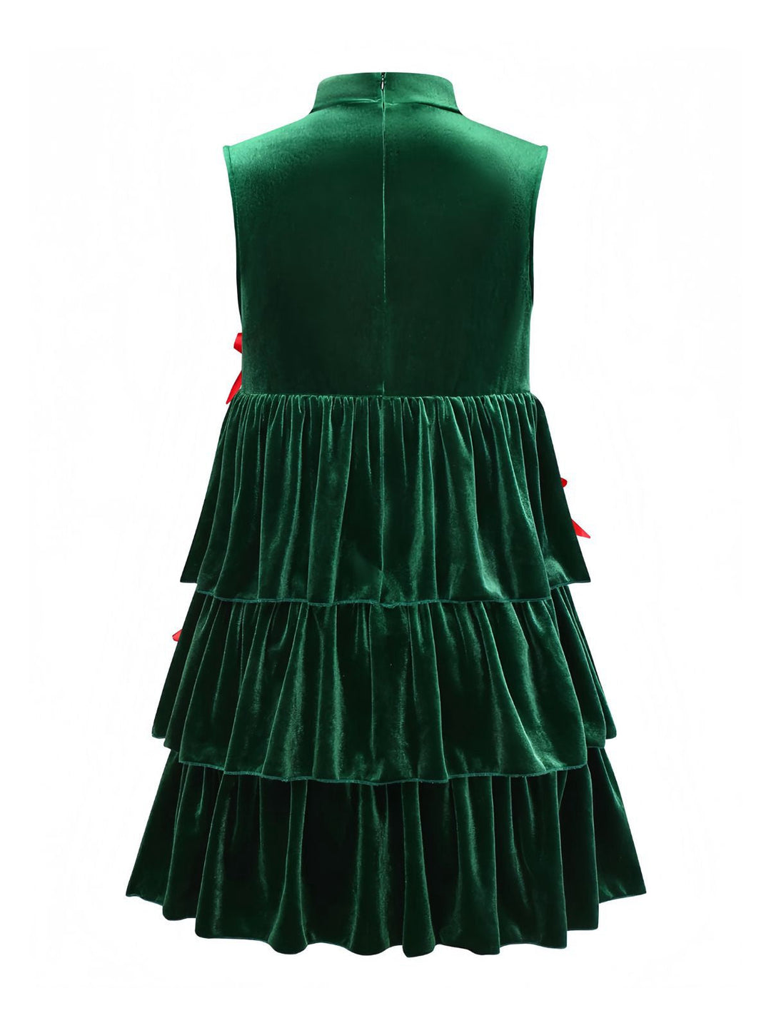 Green 1960s Velvet Bowknot Stand Collar Tiered Dress - vintage dress, retro fashion, elegant red