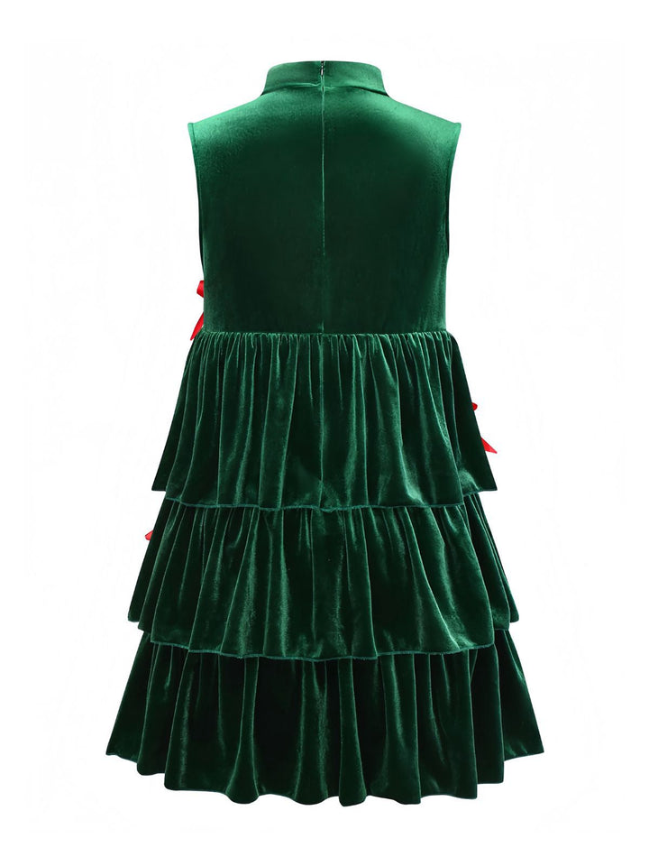 Green 1960s Velvet Bowknot Stand Collar Tiered Dress - vintage dress, retro fashion, elegant red