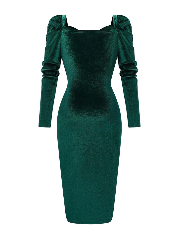 Green 1960s Velvet Ruched Long Sleeve Bodycon Dress - vintage dress, retro fashion