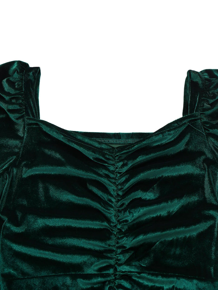 Green 1960s Velvet Ruched Long Sleeve Bodycon Dress - vintage dress, retro fashion
