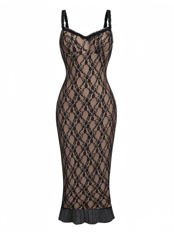 Khaki 1960s Lace Patchwork Spaghetti Strap Bodycon Dress - vintage dress, retro fashion