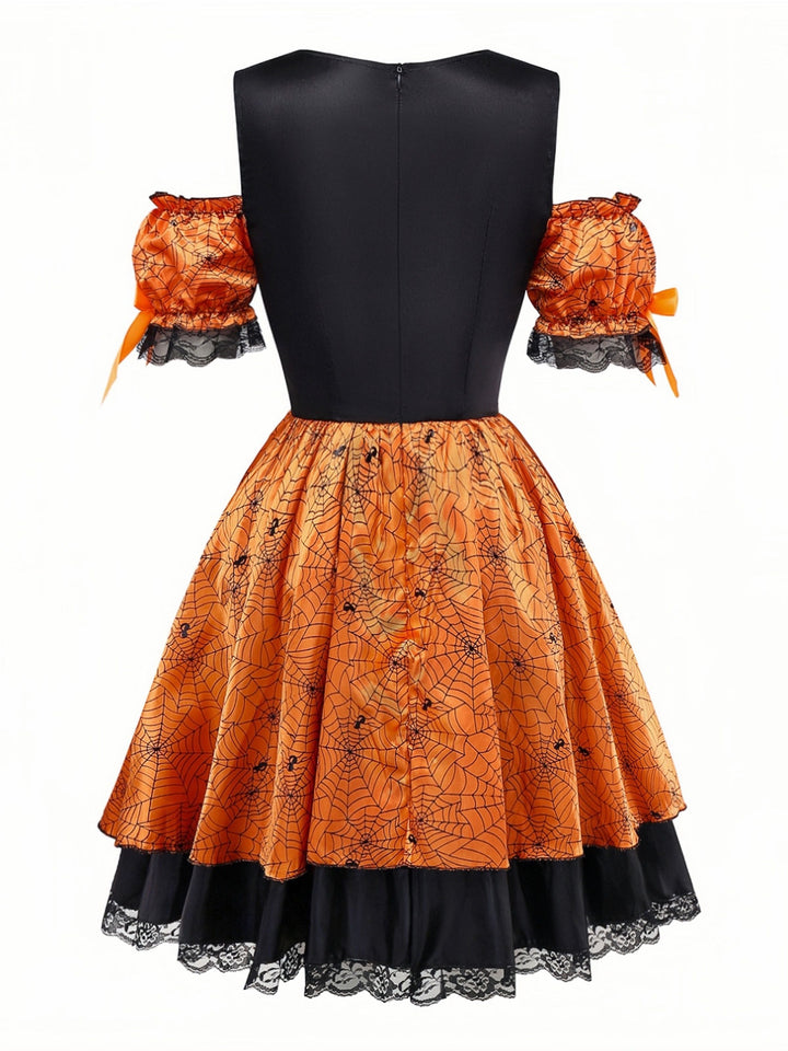 Orange 1960s Halloween Pumpkin Spiderweb Puff-Sleeve Dress - vintage dress, retro fashion