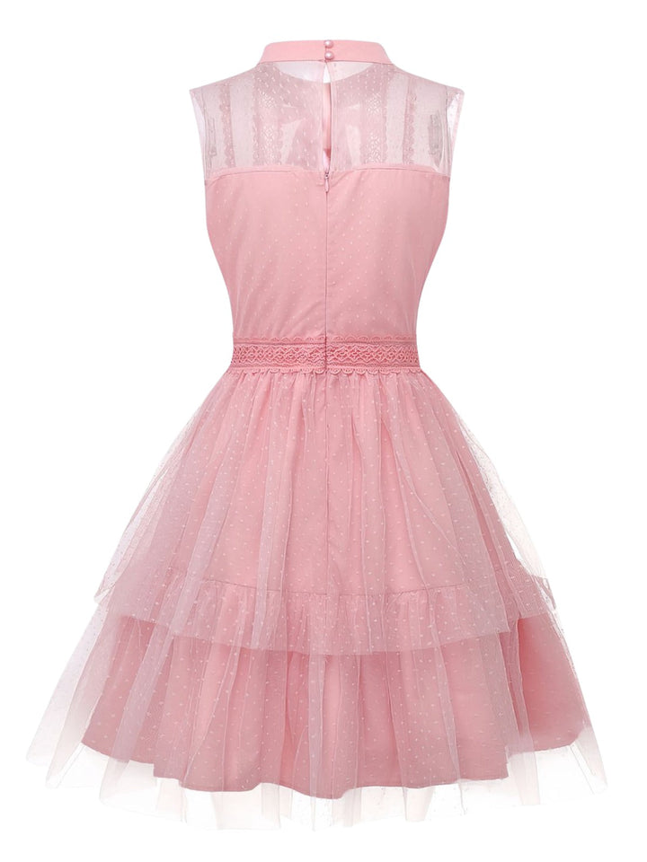 Pink 1960s Lace Trim Ribbon Bow Sleeveless Tulle Dress - vintage dress, retro fashion