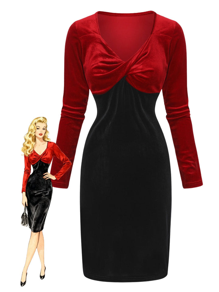 Red &amp; Black 1960s Velvet Twisted V-Neck Bodycon Dress - vintage dress, retro fashion, classic black